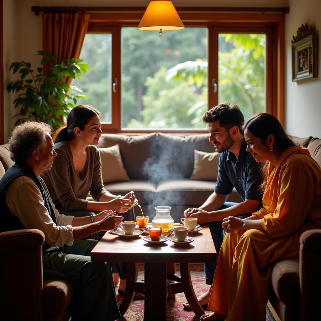 Guests enjoying tea time with the host family at a Munnar homestay.