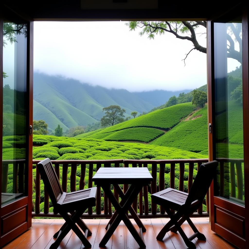 Scenic view from a Munnar homestay overlooking lush tea plantations.