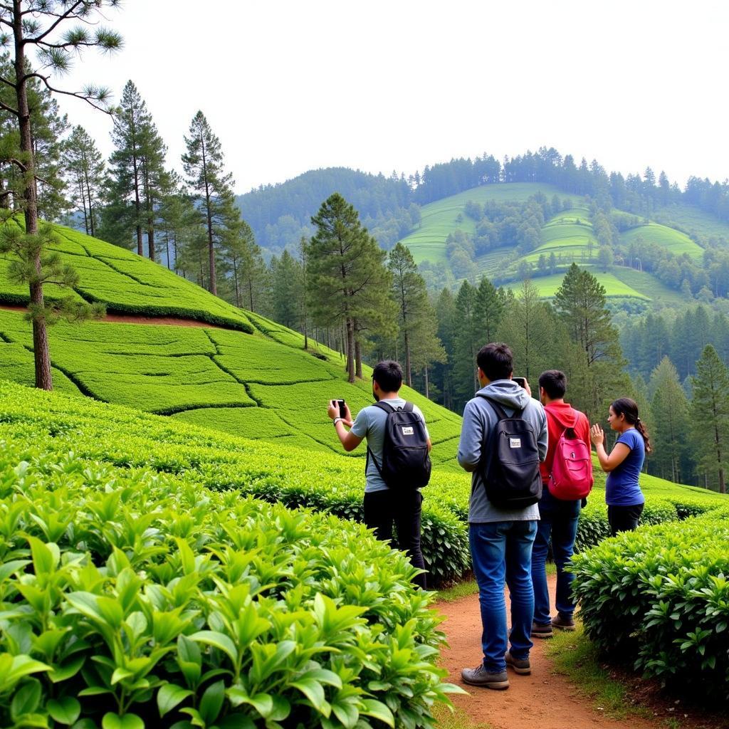 Guests enjoying a guided walk through a tea plantation in Munnar