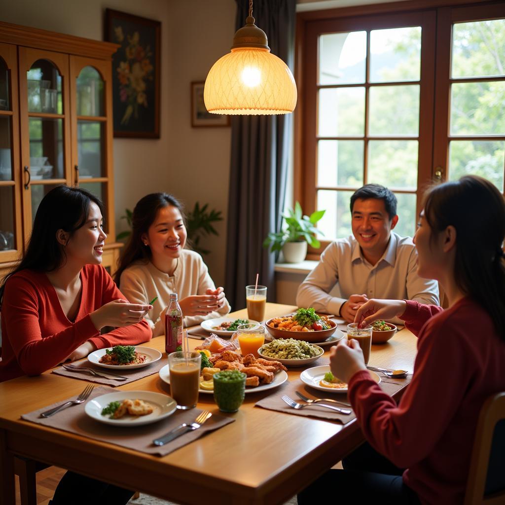 A Vietnamese family enjoys dinner together in a cozy Nha Trang homestay.