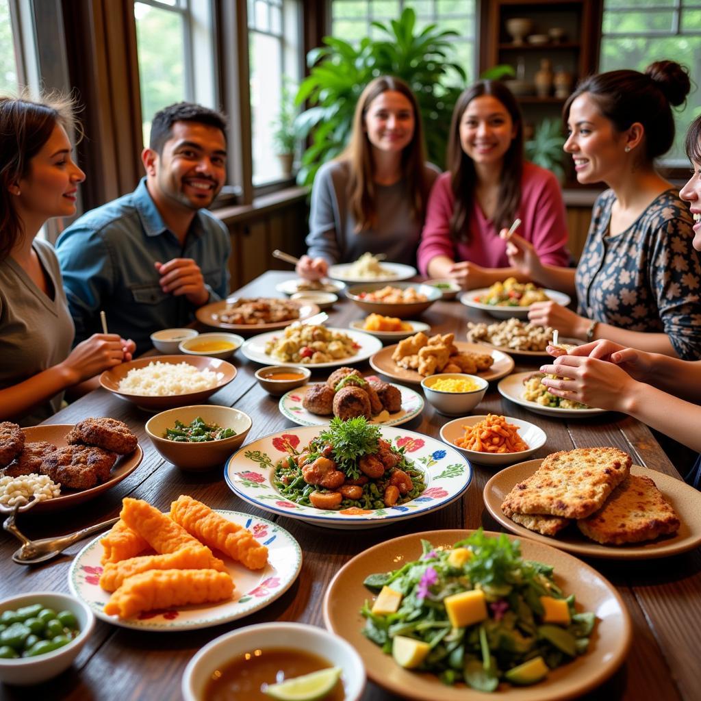 Guests enjoying a delicious traditional meal at a North Bengal homestay.