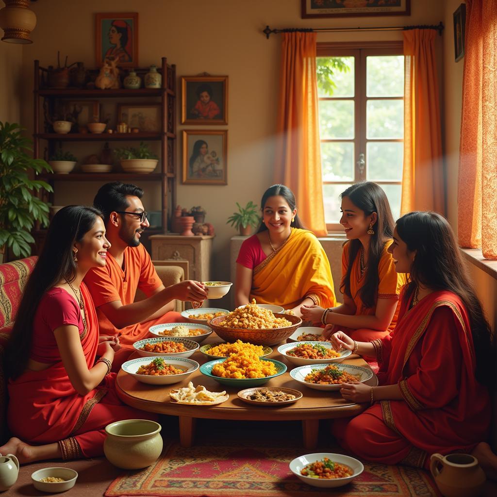 Family enjoying a traditional dinner in a North Indian homestay