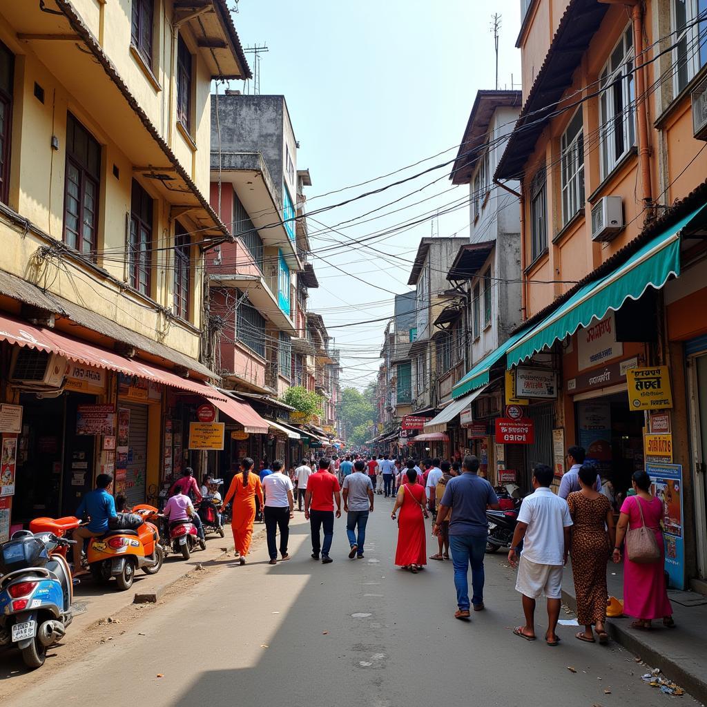 Vibrant street scene in Nungambakkam, Chennai, with colorful shops and bustling crowds.