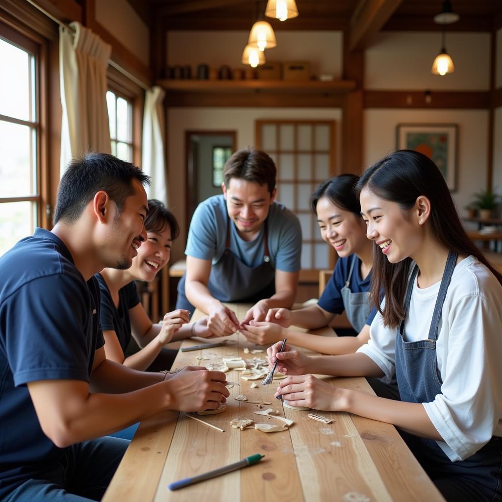 Visitors participating in a traditional Okinawan craft workshop during their homestay.