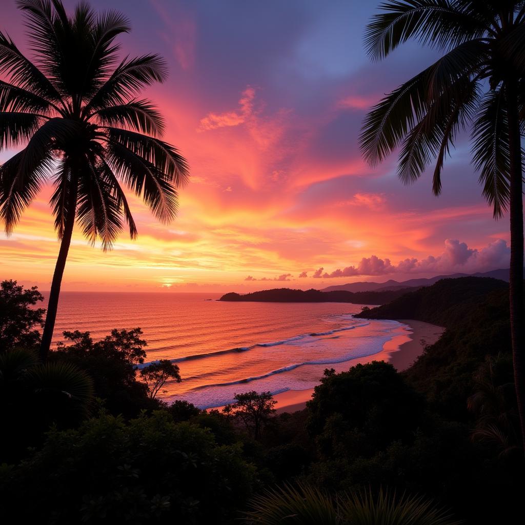 Stunning sunset view over Pagudpud beach with silhouettes of palm trees.