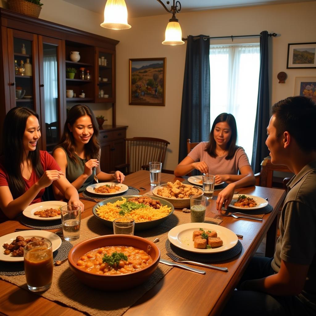 Filipino family sharing a traditional meal with homestay guests in Pagudpud