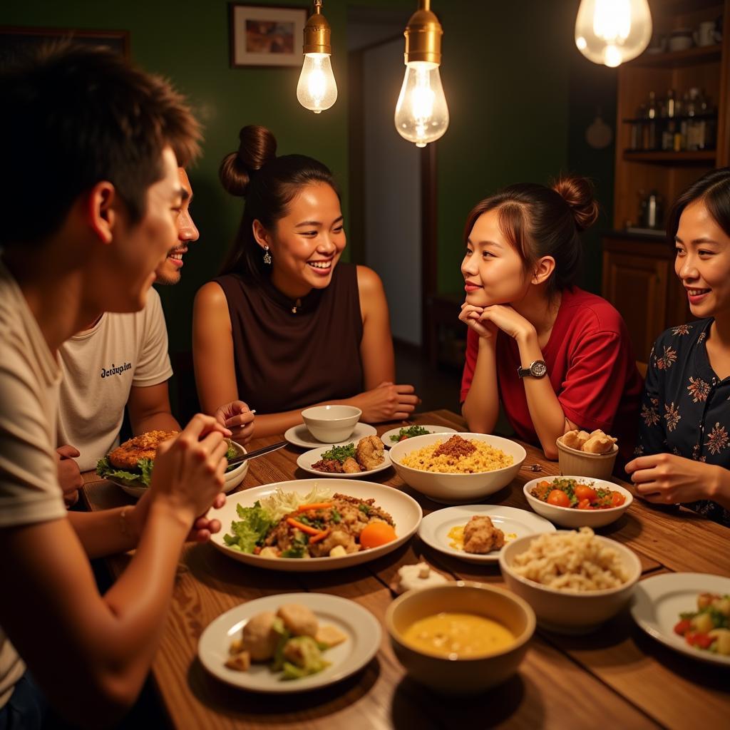 A family enjoys a traditional Indonesian dinner together in the dining area of Hotel Homestay Asri Pamekasan.