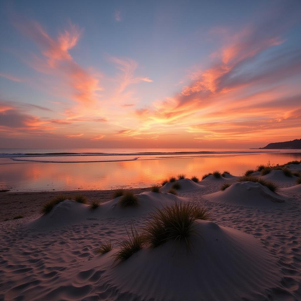 Panoramic view of the sunset over Pantai Klebang beach with the sand dunes in the foreground.