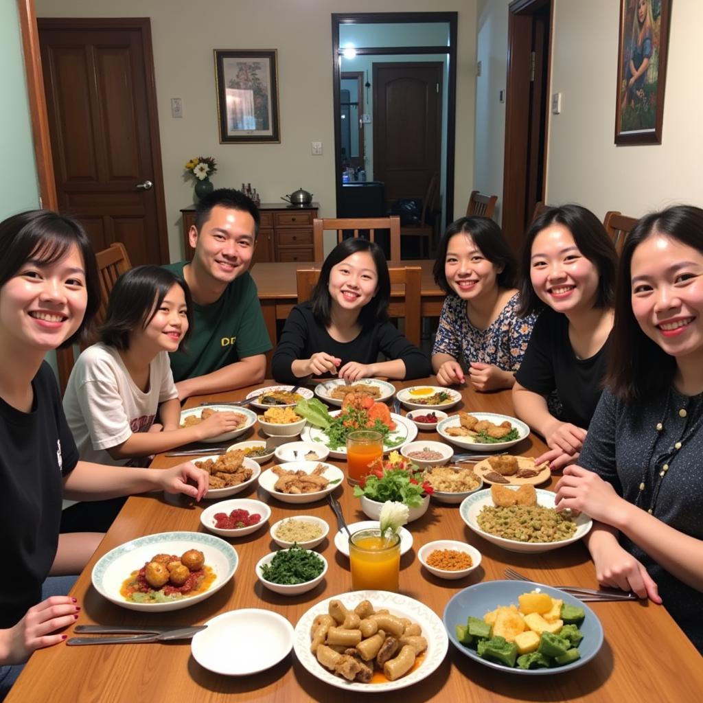 A family enjoying a delicious home-cooked meal in a Penang homestay.