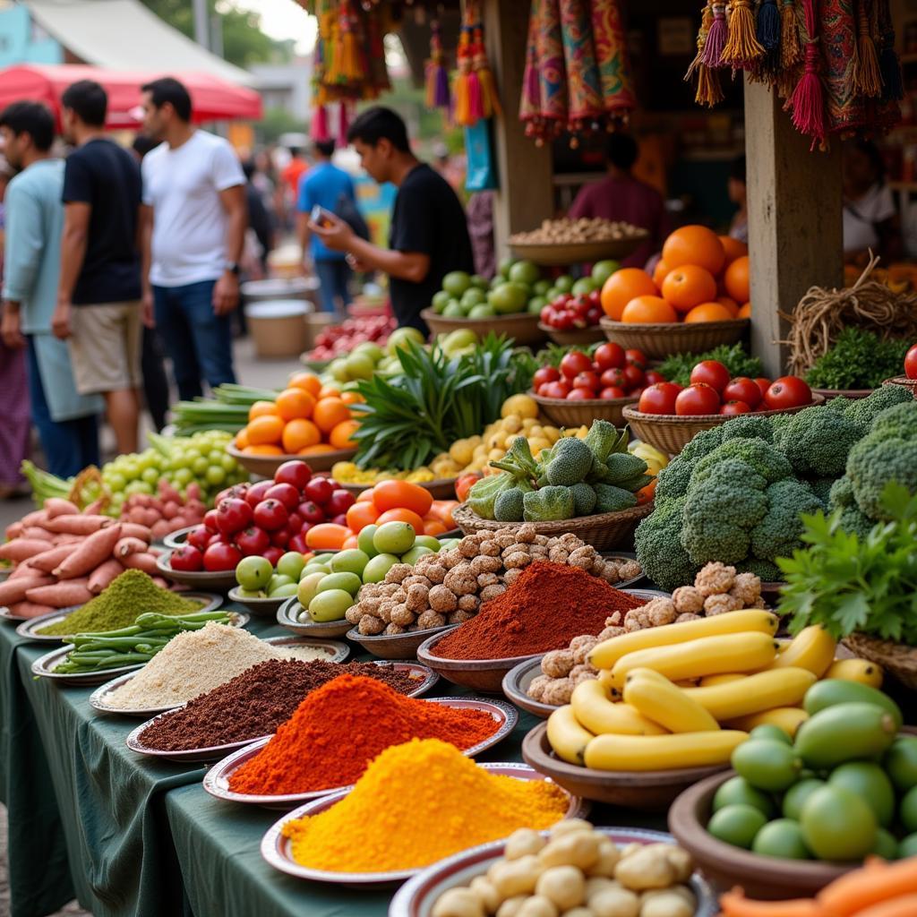 A bustling Penang local market filled with vibrant colors and fresh produce