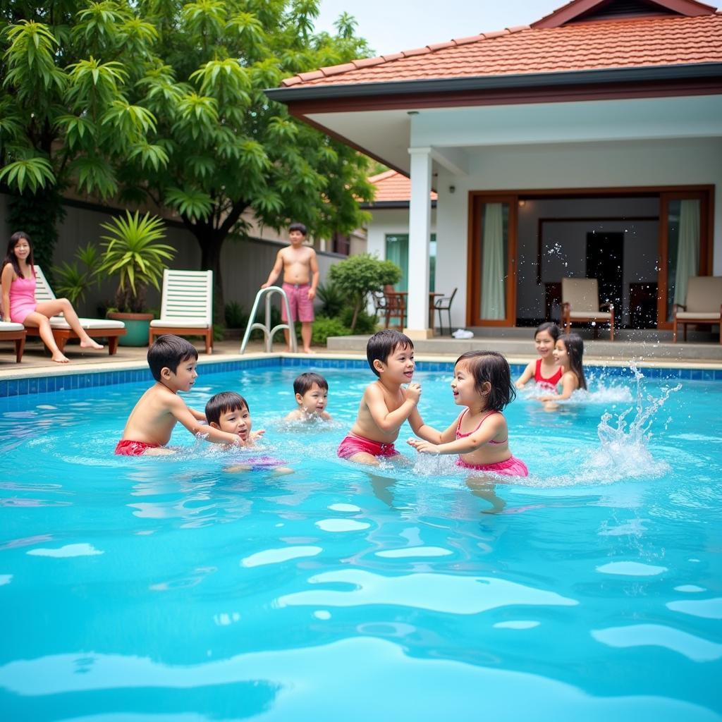 Families enjoying the pool at a Perak homestay