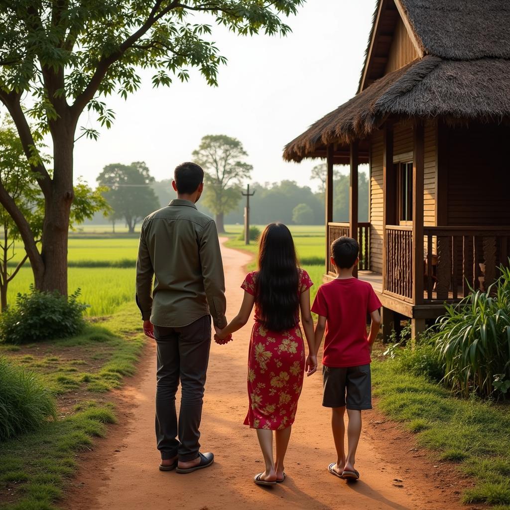 Cambodian family welcoming guests to their traditional homestay near Phnom Penh