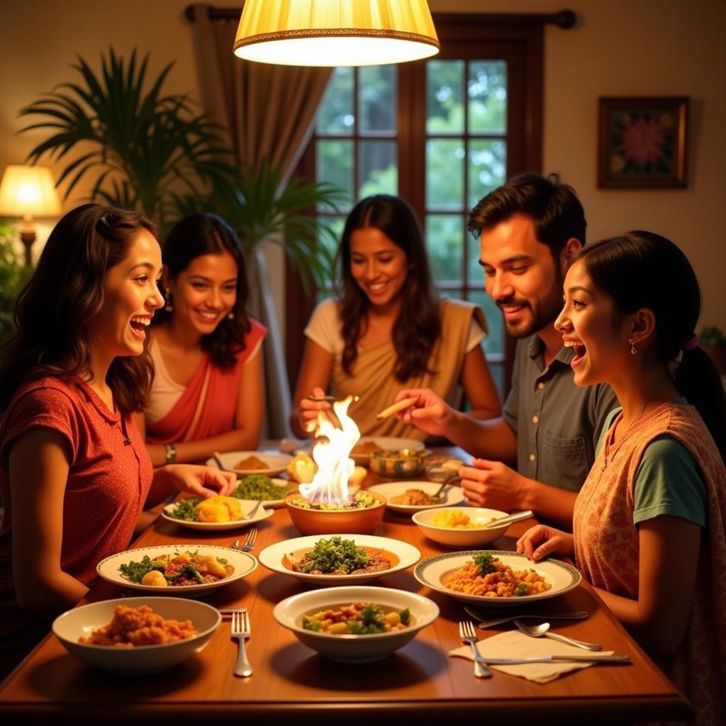 Family enjoying dinner at a homestay in Pondicherry