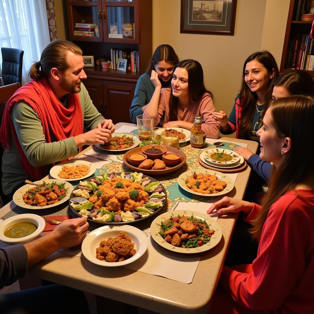 Guests enjoying a traditional Rajasthani thali meal in a homestay setting, surrounded by local family members.