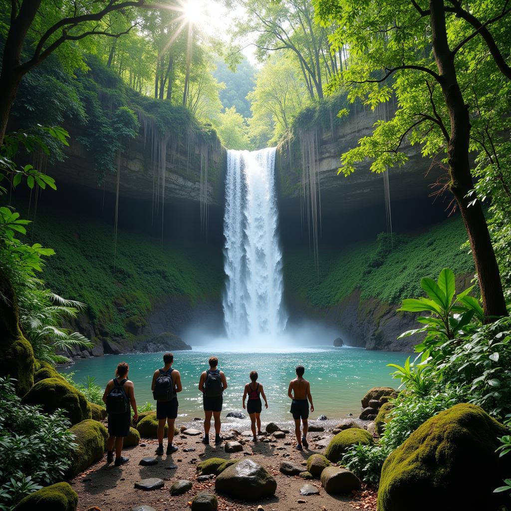 Adventurous travelers explore a stunning waterfall near Raub town