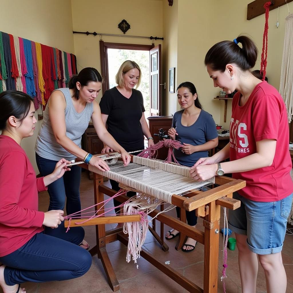 Guests Participating in Traditional Weaving Activities in a Homestay