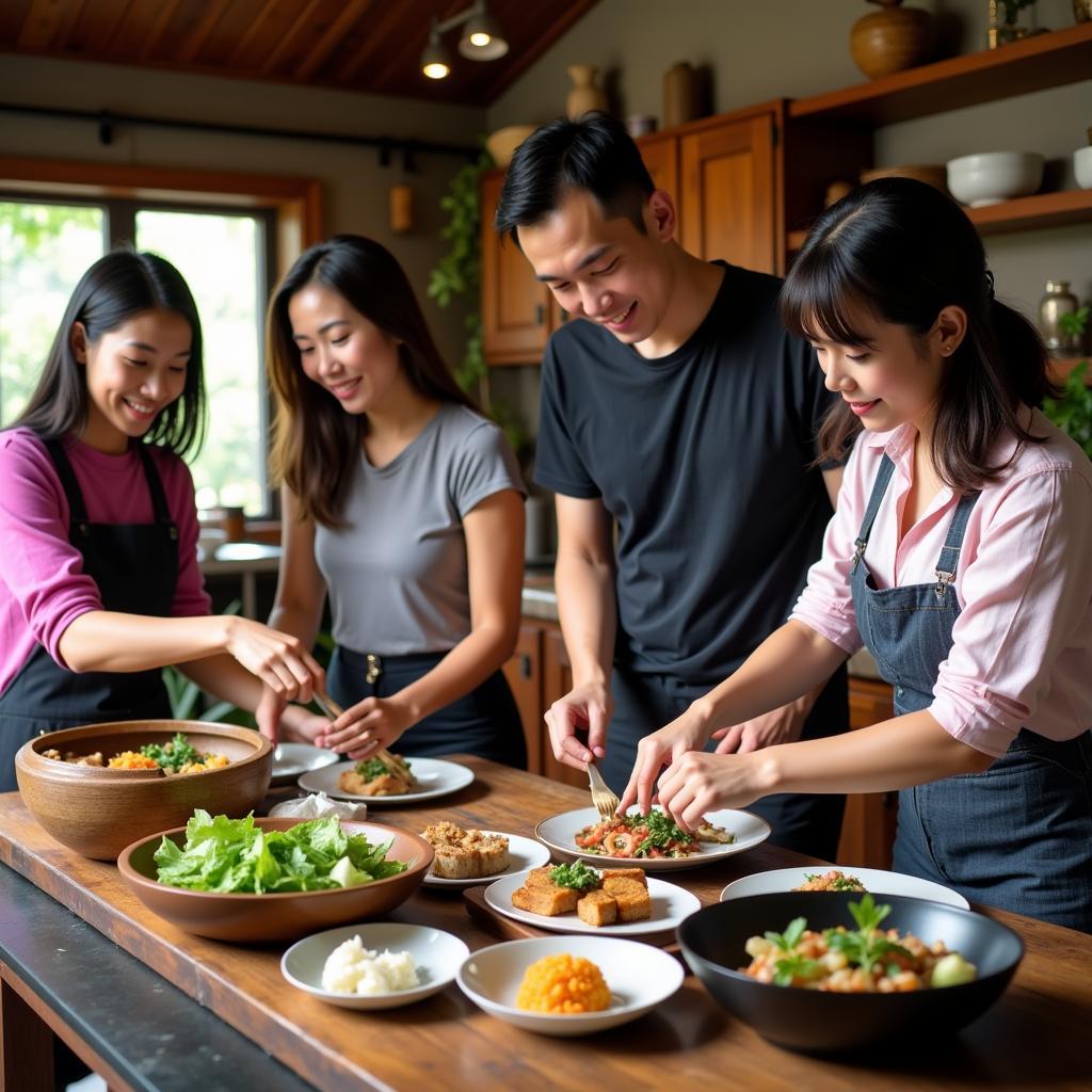 Guests participating in a Vietnamese cooking class at their homestay