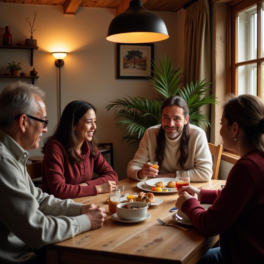 A warm and welcoming scene of a local family at their homestay in Sakleshpur, interacting with guests and sharing stories.