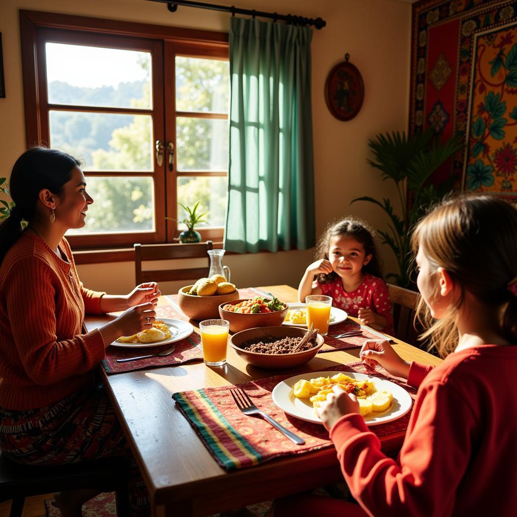 Family enjoying a traditional Nicaraguan breakfast in a San Juan del Sur homestay