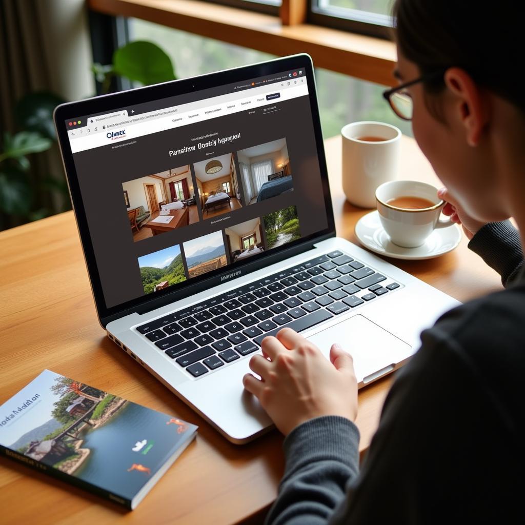 Person searching for homestays in Japan using a laptop