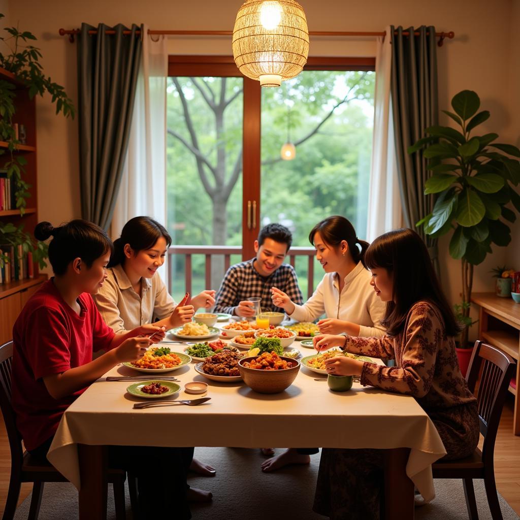 Family enjoying a meal together in a Semabok Melaka homestay