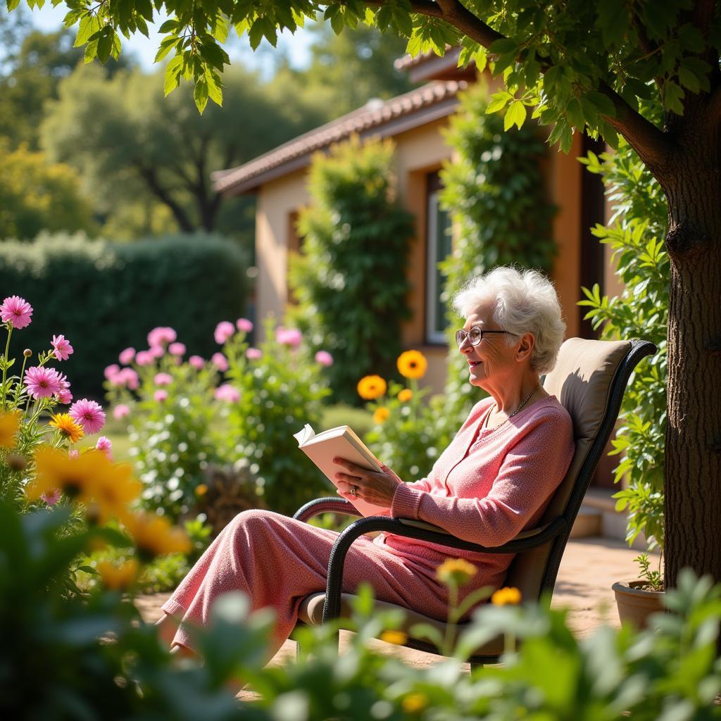 Senior relaxing in a Spanish homestay garden