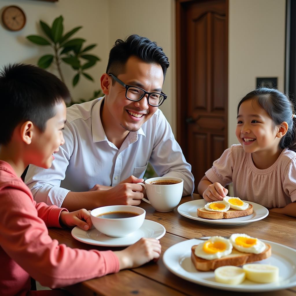 Singaporean family enjoying breakfast together in a homestay