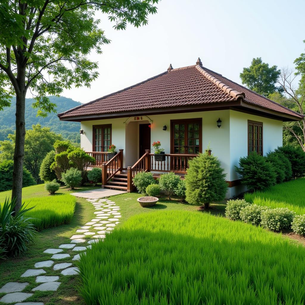 A serene image of a traditional Vietnamese homestay nestled in the lush countryside of Soc Son, with rice paddies and rolling hills in the background.