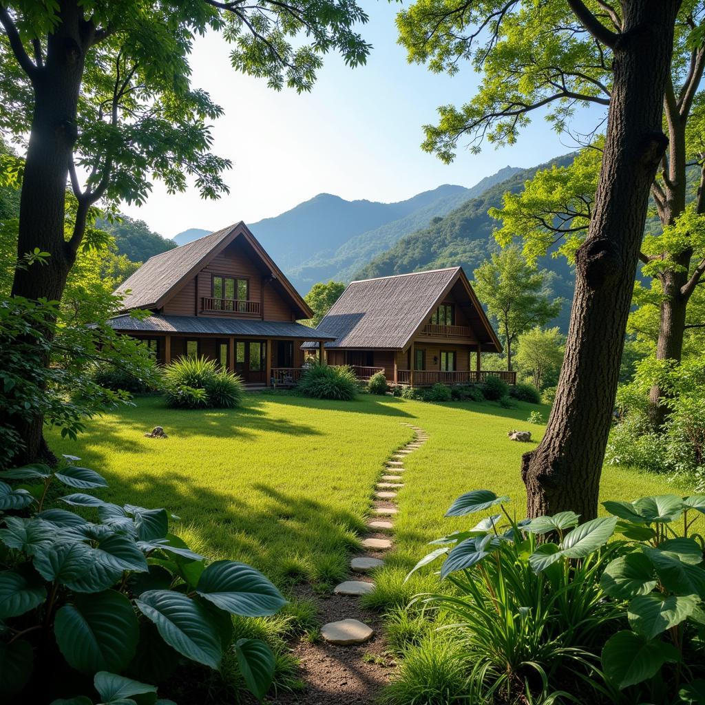 A breathtaking panoramic view of Soc Son's landscape from a homestay balcony, showcasing the lush greenery, rolling hills, and tranquil lake.