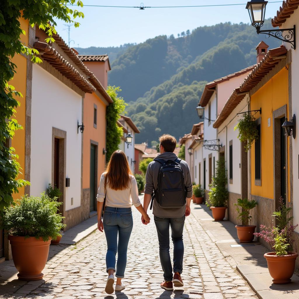 Solo traveler exploring a Spanish town with their host