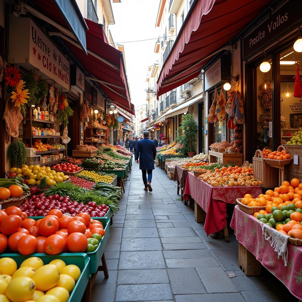 A bustling local market in a Spanish city, filled with fresh produce, local crafts, and the vibrant energy of daily life.