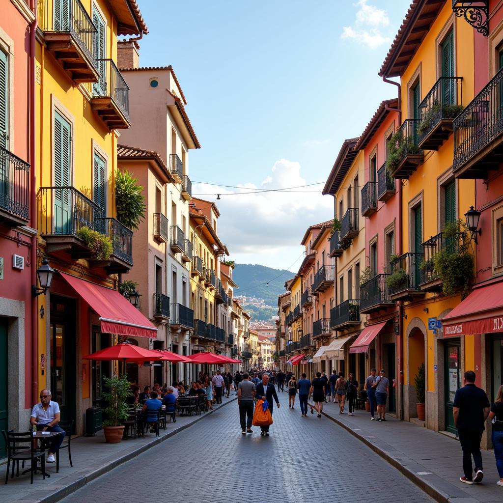 A bustling street scene in a Spanish city with vibrant buildings and people enjoying the outdoors.