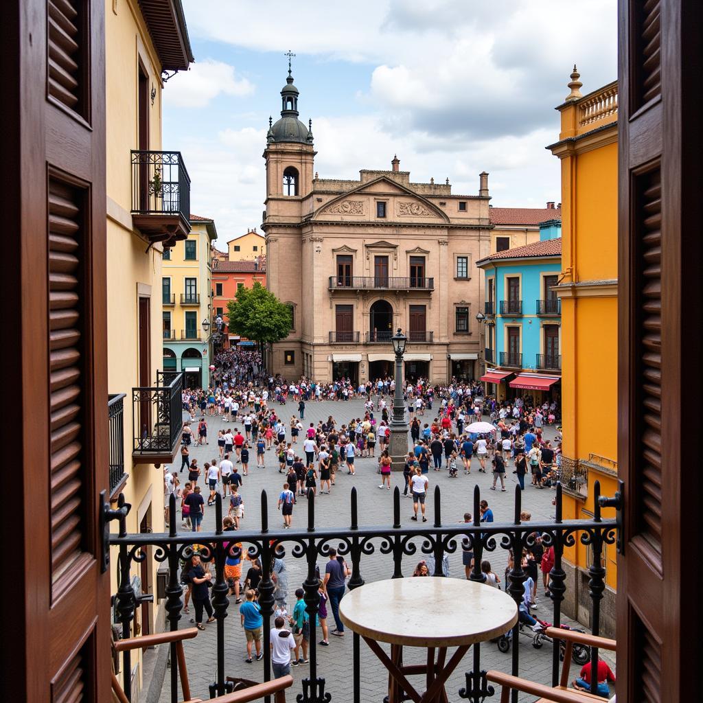 A view from a Spanish city homestay overlooking a bustling plaza, with colorful buildings and vibrant street life below.