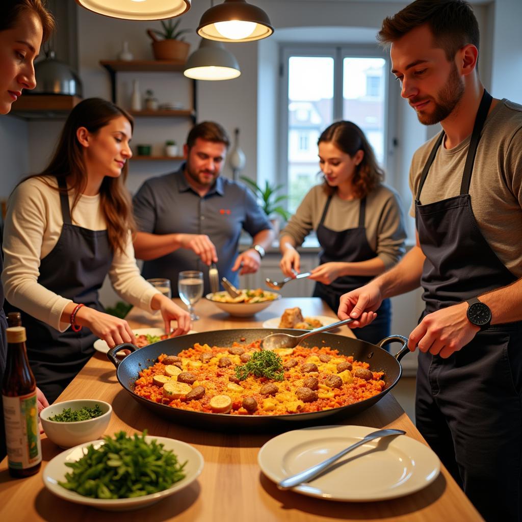 Learning to make paella in a Spanish homestay cooking class