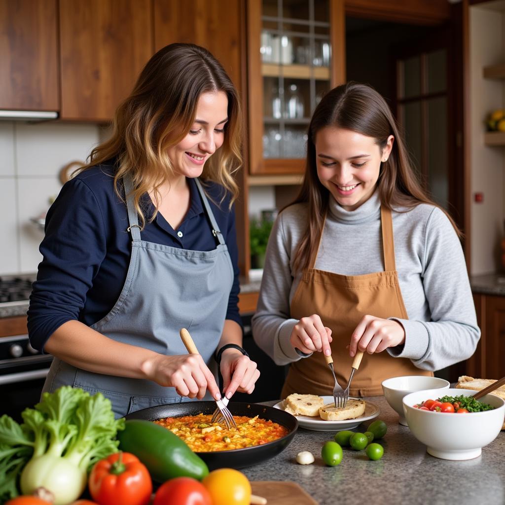 Learning to make paella with a host family in Spain during a homestay program.