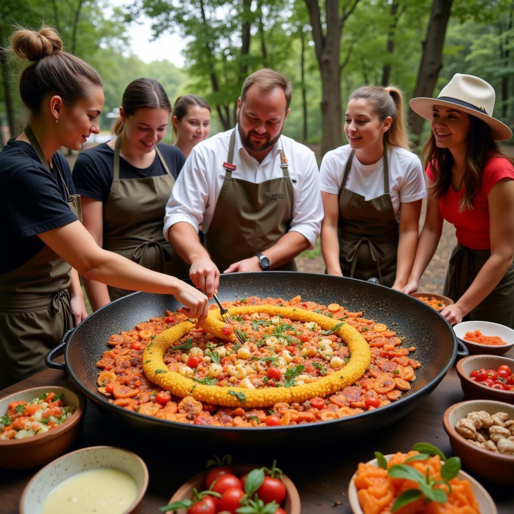 Learning to make Paella in a Spanish cooking class