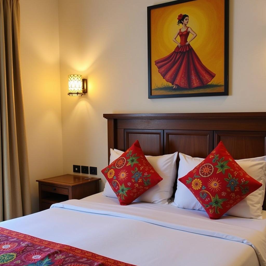 Interior of a homestay room decorated with a blend of Spanish and Vietnamese aesthetics.