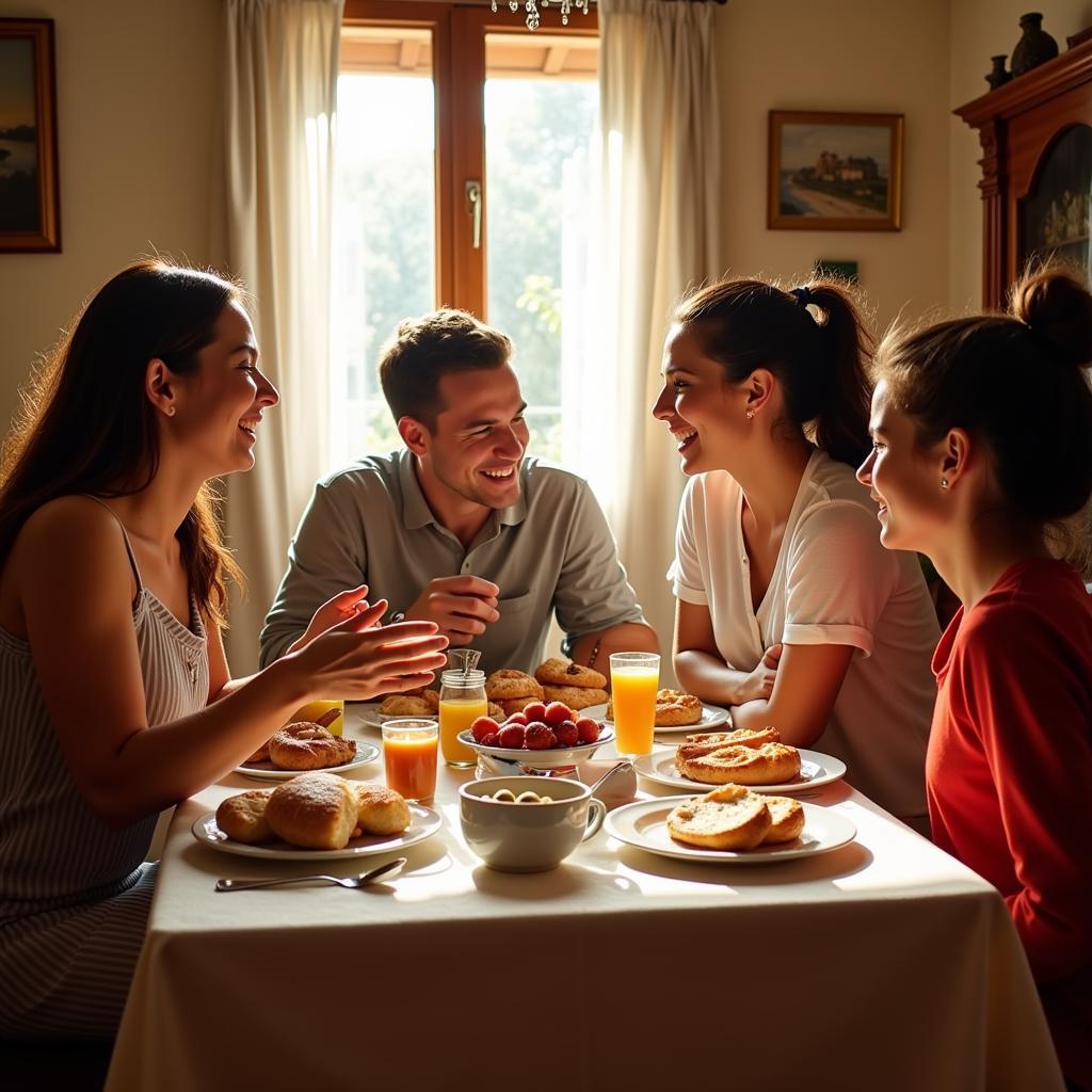 A Spanish family enjoying breakfast together in their casa homestay