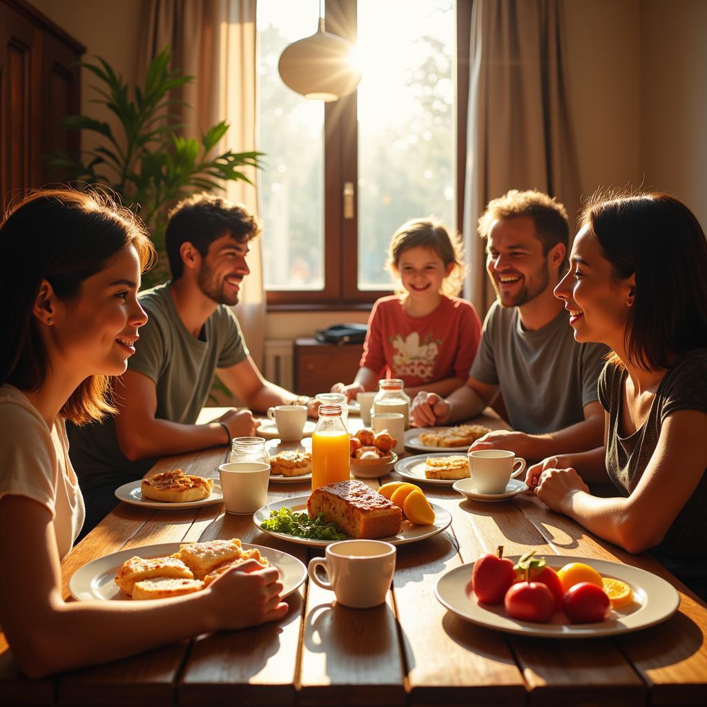 Spanish family enjoying breakfast together in a dunu homestay