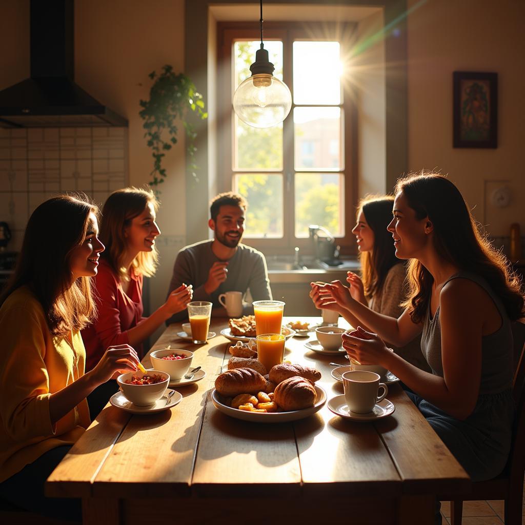 Spanish Family Enjoying Breakfast Together During a Homestay