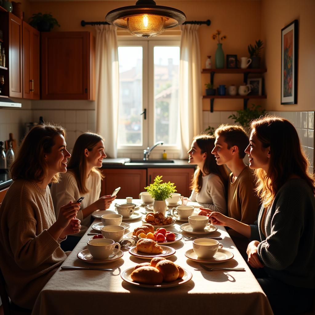 Spanish Family Enjoying Breakfast in a Homestay