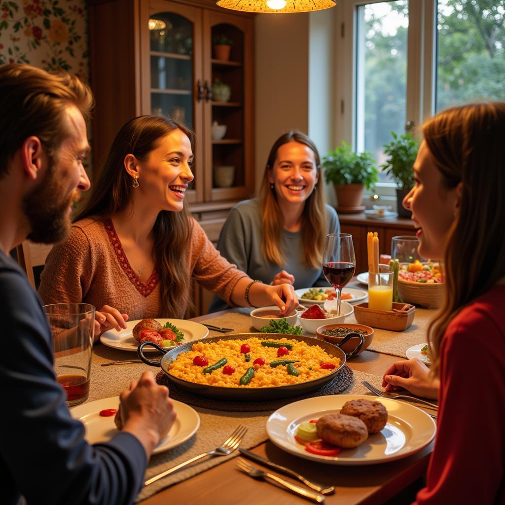 A Spanish family enjoys dinner with their bule homestay guest