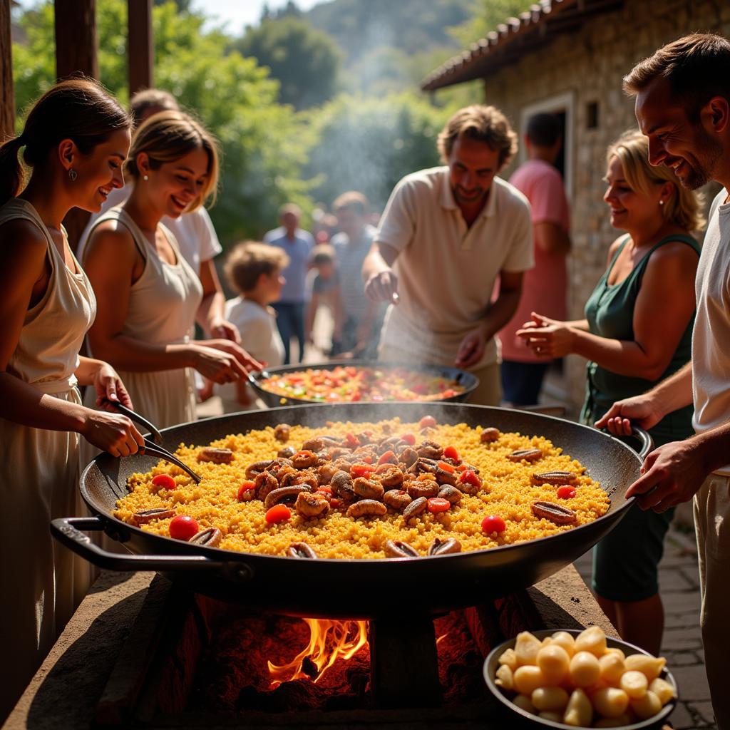 Spanish Family Cooking Paella Together