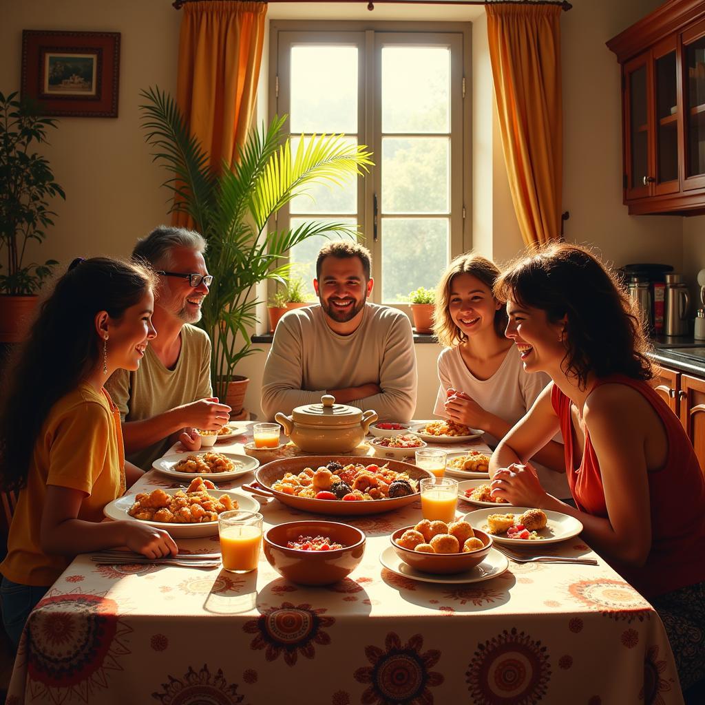 Family enjoying a traditional Spanish dinner