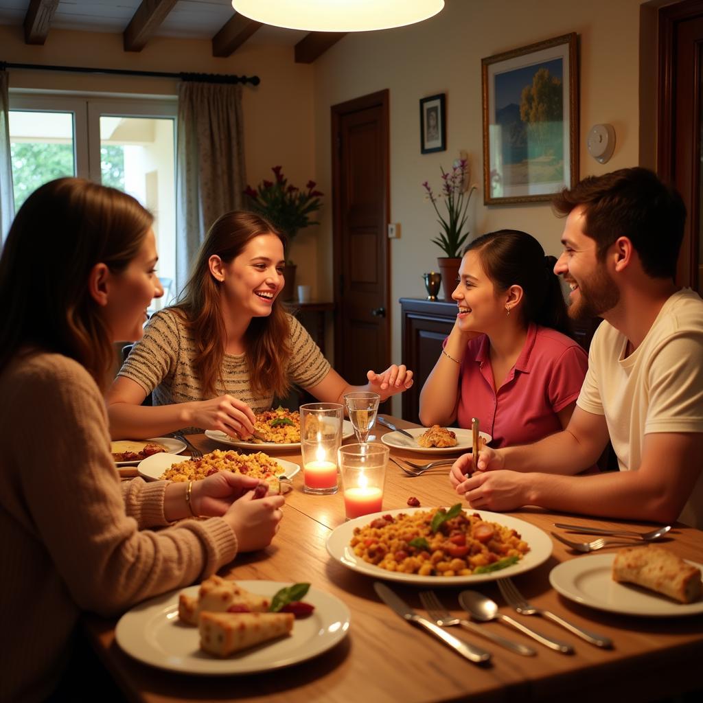 A Spanish family enjoys a lively dinner together around a table filled with traditional dishes.