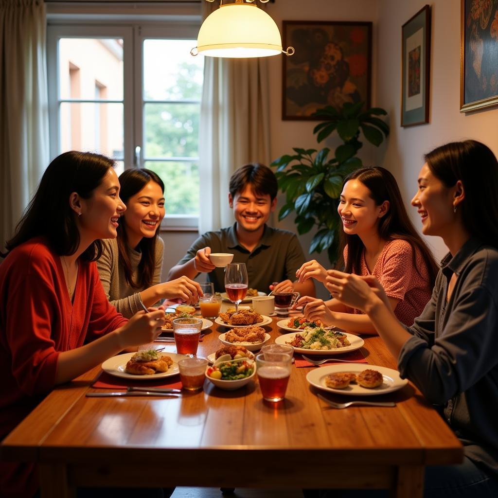 Family dinner in a Spanish homestay, reflecting the warmth and connection of a gong badak homestay experience