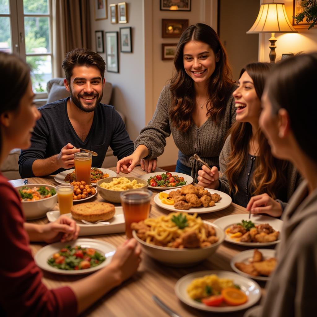 Spanish family enjoying dinner together during a homestay program