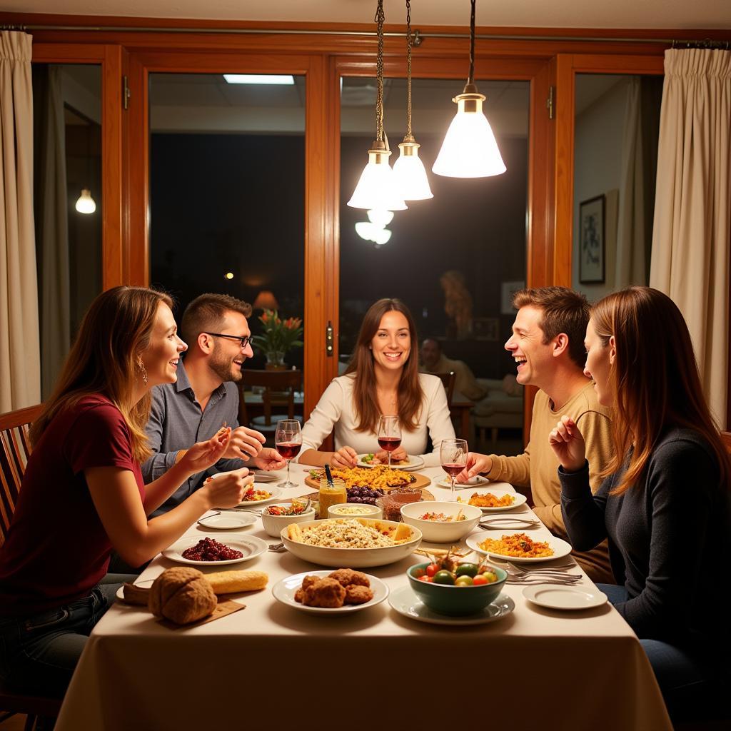 Enjoying a traditional Spanish dinner with a host family.