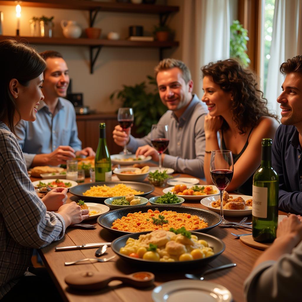 Family enjoying a traditional Spanish dinner in a homestay