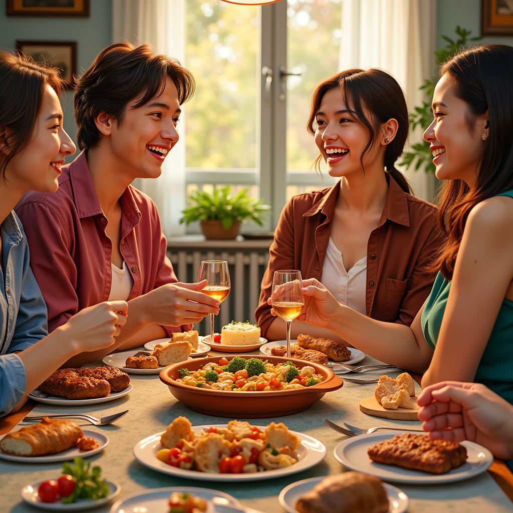 Family enjoying a traditional Spanish dinner in a cozy homestay